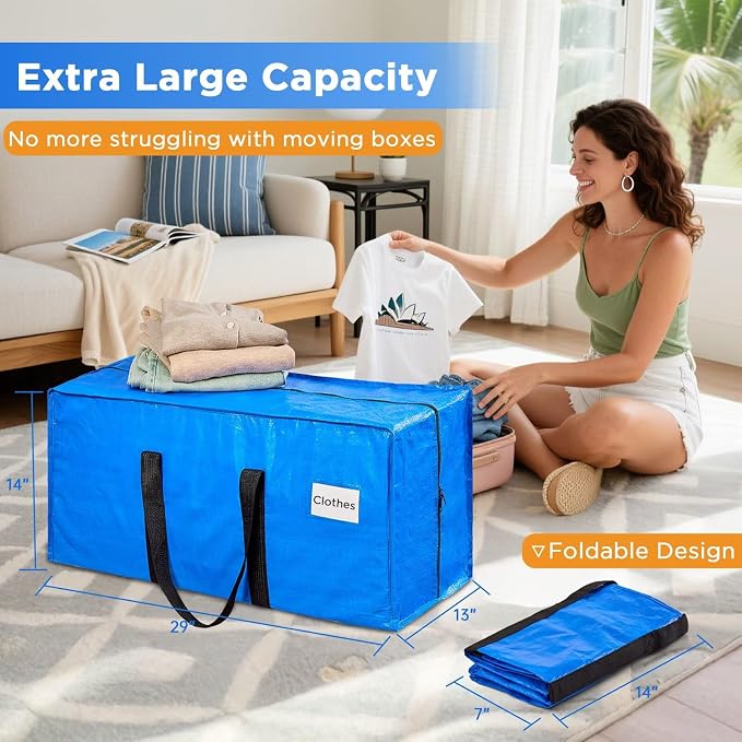 BETU 6 Pack Moving Bags Moving Storage College Dorm Camping Packing Travel PE Heavy Duty, Sturdy Handle, Zipper Large Storage Tote Bag Moving Boxes Box Alternative - Blue 29L x 14W x 13H