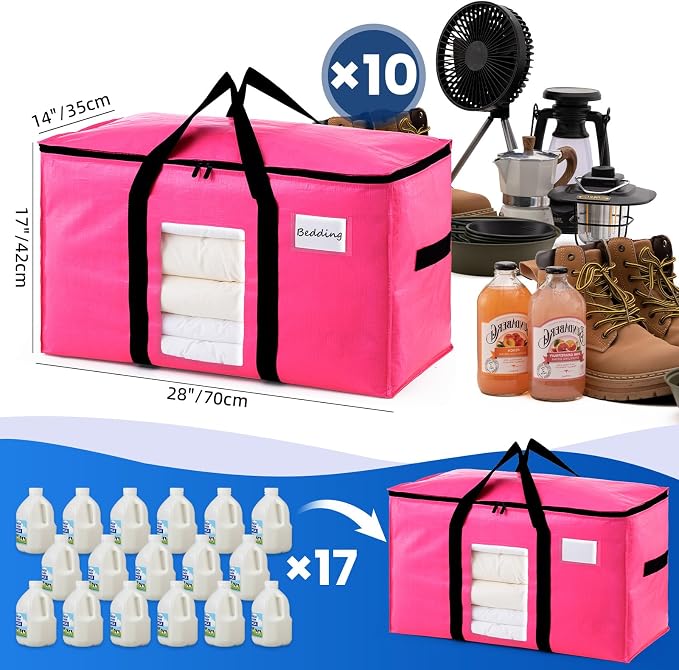 TAILI 10 Pack Pink Extra Large Moving Bags, Heavy Duty Totes with Visible Window, Wrap Around Handles, Ideal for Storage, Space-Saving