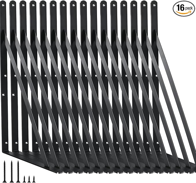 16 Pack L14 x H 10" Black Heavy Duty Shelf Brackets with Screws Metal Shelf Brackets Shelf Support Angle Brackets for Shelves L Brackets Heavy Duty Floating Shelf