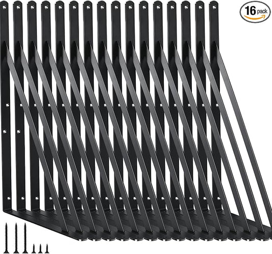 16 Pack L14 x H 10" Black Heavy Duty Shelf Brackets with Screws Metal Shelf Brackets Shelf Support Angle Brackets for Shelves L Brackets Heavy Duty Floating Shelf