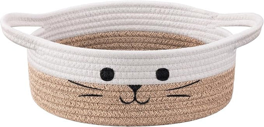 Cute Cat Toy Basket, Gift Baskets Empty for Home Decor, Soft Woven Basket for Living Room, Decorative Storage Baskets for Diaper Caddy, White & Brown, 9.8 x 4 inches