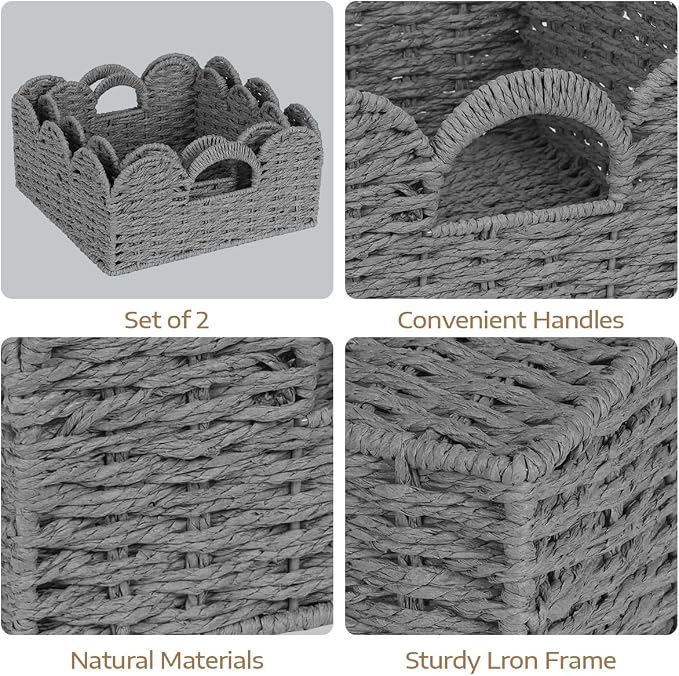 Graciadeco Scalloped Wicker Basket Natural Paper Rope Storage Baskets with Handles Handwoven Organizer Bin Wicker Storage Baskets for Home Decor, Organizing, 2 Pack (Grey)