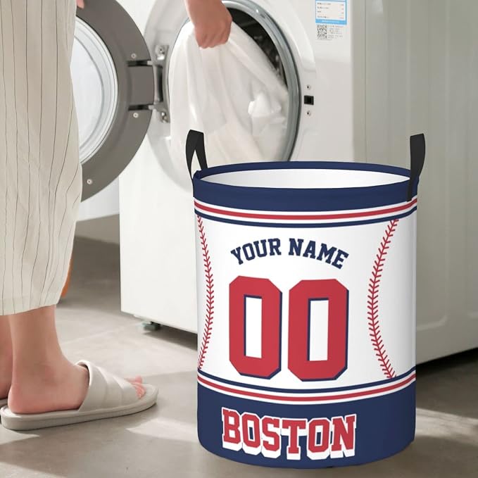 Custom Boston Laundry Hamper Personalized Laundry Basket Customized Name And Number Collapsible Storage Basket for Bedroom Bathroom Living Room Baseball Fan Gifts