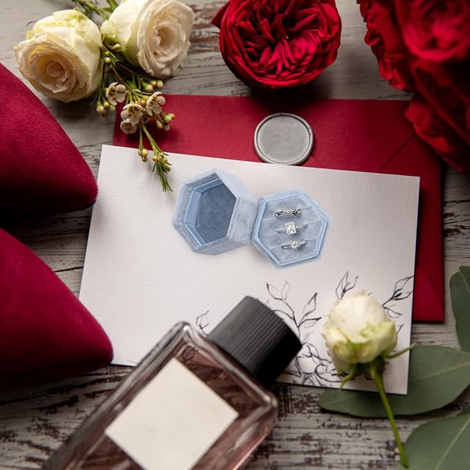 WantGor Velvet Jewelry Ring Box, 3 Slots Hexagon Ring Gift Box Ring Holder | Vintage Ring Display Case for Wedding Ceremony Proposal Engagement (Blue)
