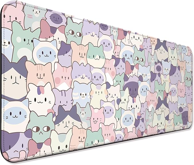 Cute Pink Cat Gaming Desk Mat, Computer Keyboard Large Extended Kawaii Pastel Cat Mouse Pad for Office and Home, 31.5×11.8 Inches, XL