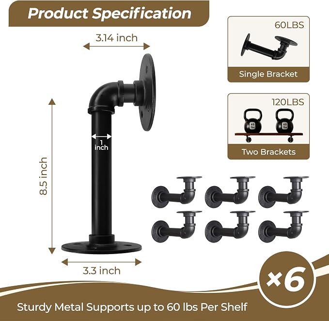 Industrial L Pipe Shelf Brackets for 9-18 in Depth Wood Heavy-Duty 3/4" Iron,Wall Mount Floating Shelf Bracket L Metal Pipe Shelving Brackets for Wood-Black DIY Pipe Shelves(8.5*3.1 Inch 6 Pack)