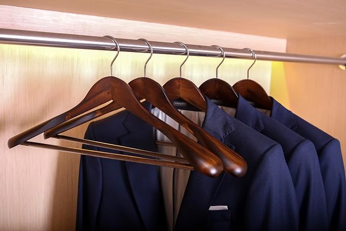 JS HANGER Wooden Suit Hangers - 6 Pack - Wood Coat Hangers,Jacket Outerwear Shirt Hangers,Glossy Finish with Extra-Wide Shoulder, 360 Degree Swivel Hooks & Anti-Slip Bar, Retro
