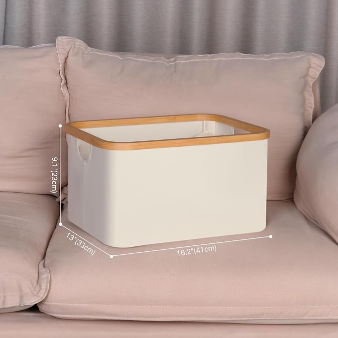 efluky Storage Baskets for Organizing, Fabric Storage Bins with Bamboo Handles, Collapsible Storage Baskets for Shelves and Closet (Beige, 16.2'' x 13'' x 9.1'')