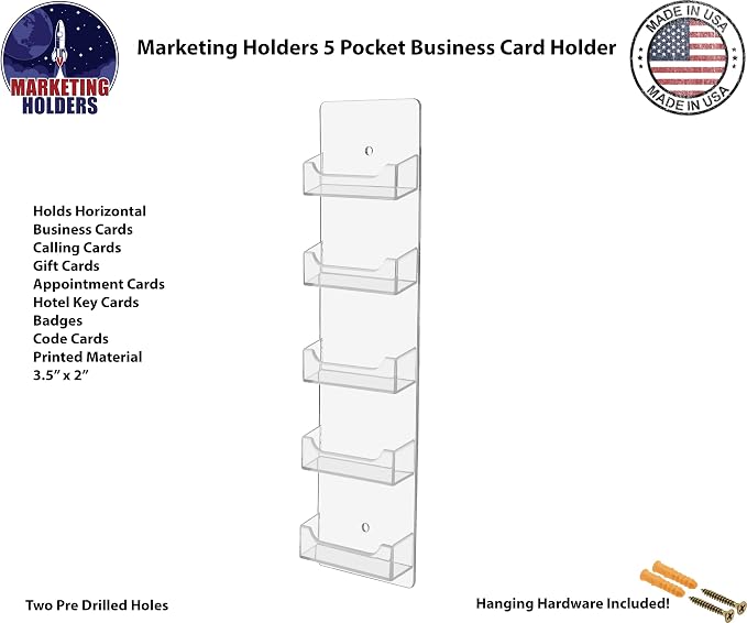 Marketing Holders Hanging Business Card Holder 5 Pocket Vertical Clear Acrylic Wall Mount with Hardware for 3.5" x 2" Gift and Appointment Cards Multi Slot Space Saver Travel Agents Restaurants