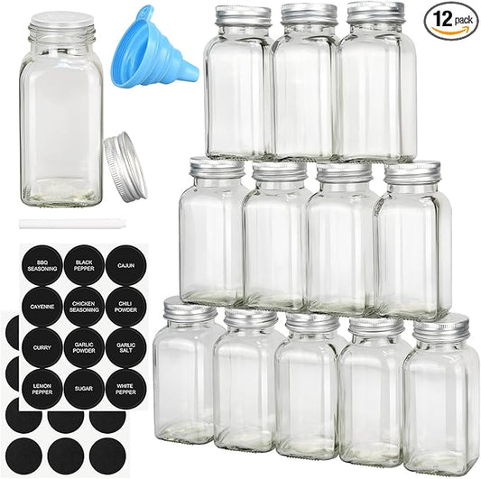 DkOvn 12pcs Glass Spice Jars with Labels, 6oz Empty Spice Jars with Mental Caps, Shaker Lids, Collapsible Funnel, Chalk Pen, Seasoning Organizer for Spice Rack