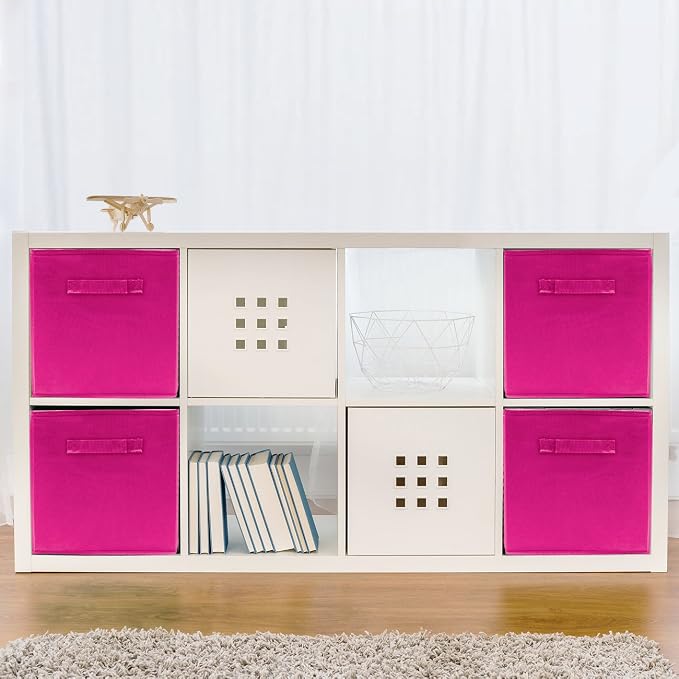 Sorbus Foldable Storage Cubes - 6 Pink Storage Bins for Organizing Pantry, Closet, Shelf, Nursery, Playroom, Toy Box, Cubby - 11 Inch Collapsible Fabric Baskets with Handle