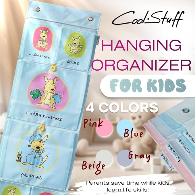Cool-Stuff Kids Hanging Clothes Organizer – Over The Door Storage for Pajamas, Toys, Socks – Wall Mount Closet Organizer for Toddler, Preschool, Kindergarten – Water-Resistant, Blue, 44x14.5
