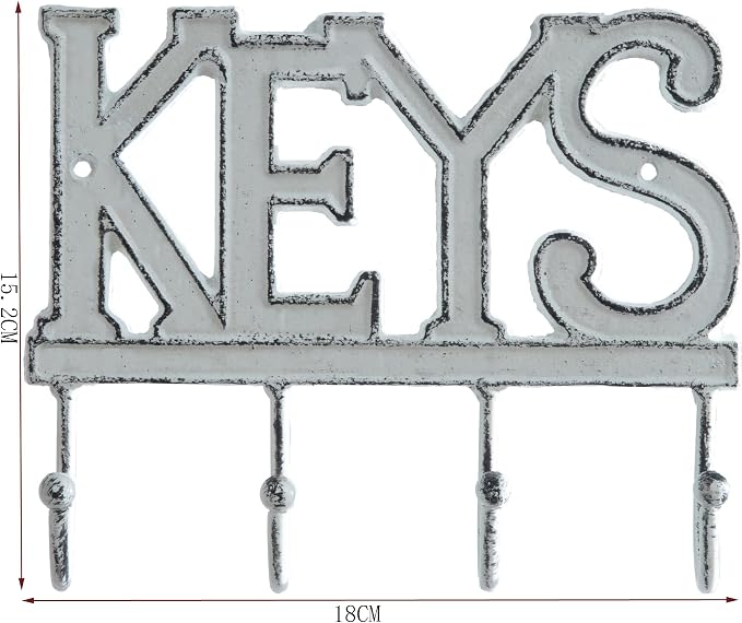 FairyCity Keys Holder for Wall Metal Vintage Keys Hook Organizer- Home Decor Key Hanger Rack Decorative with 4 Hooks,18 * 15cm White