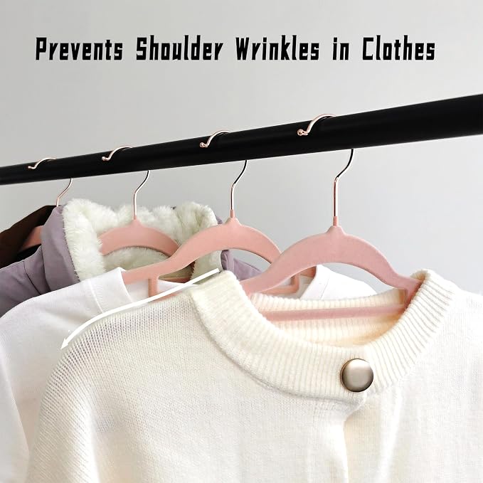 Pink Velvet Hangers 50 Pack - Adult Hangers Rose Gold Hook, Space Saving Non-Slip Clothes Hangers, 16.5 Inch with Tie Bar for Coats,Sweater,Jackets,Dresses, Shirts, Suits & T-Shirts
