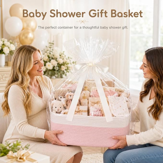 OIASKET Large Empty Cotton Rope Gift Basket with Handles, 16.5"x12.6"x7" Decorative Woven Storage Basket with Gift Bag and Ribbon Set for Baby Shower, Toy Organizer for Kids, Dogs & Cats - Pink&White