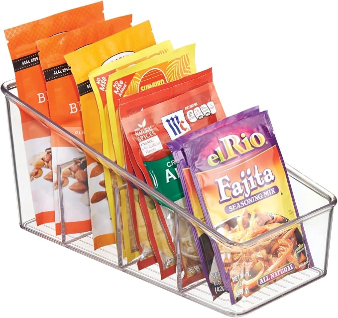 mDesign Plastic 4-Section Food Packet Organizer - Storage for Kitchen, Pantry, Cabinet, or Countertop - Organization for Spice Packets, Hot Chocolate, Seasoning Pouches, Ligne Collection, Clear