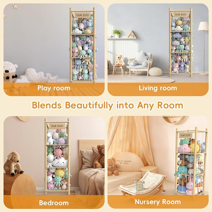 Stuffed Animal Storage Organizer, 53.5" Solid Wood Zoo Toy Holder for Kids Bedroom, Nursery & Playroom, Large Plush Toy Storage Holder, Holds 40 Plush Stuffed Animals, No-Tool Easy Assembly