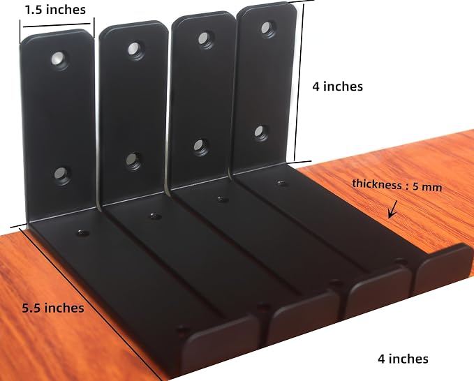 4 Pack - 5.5" L x 4" H x 1.5" W J Lip Shelf Brackets Rustic Farmhouse Iron Wall Floating Shelf Bracket Metal Shelf Bracket Industrial Shelf Supports with Screws Black