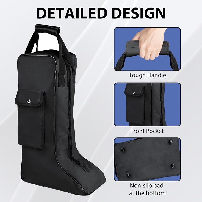 Portable Riding Boot Bag for Tall Boot, Oxford Equestrian Boot Bag with Handle, Cowboy Boot Travel Bag with Outer Pocket for Cowboy Boots, Snow Boots, Travel and Daily Use