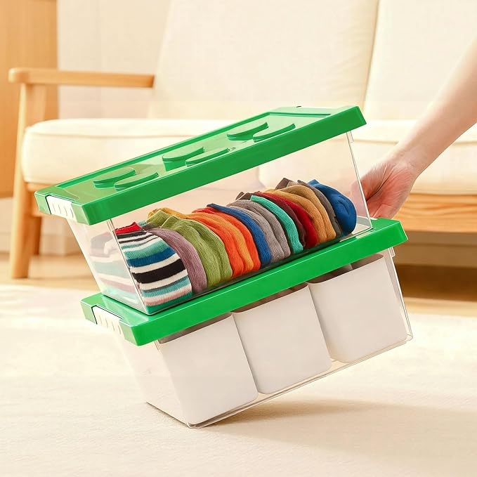 Plastic Storage Bins with Lids, Art Craft Supply Organizer Box with Brush Pot, Multipurpose Stackable Storage Containers for Organizing Tool, Craft, Crayon,Sewing (Green)