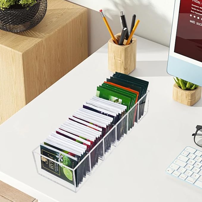 Tea Bag Organizer, Clear Tea Bag Holder with 6 Slot, Tea Packet Storage for Countertop, Drawer, Kitchen, Pantry, Cabinet