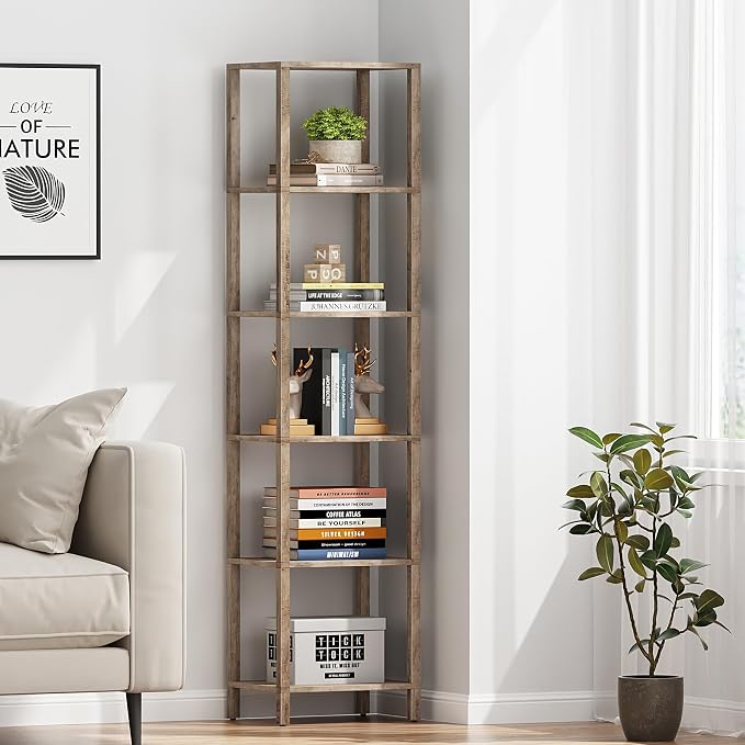 TUTOTAK Bookshelf, 6-Tier Tall Book Shelf, Narrow Bookcase for Small Space, DIY Stackable Bookshelf, for Living Room, Office, Study, Entryway, Industrial, Pure Greige BS01BG006G