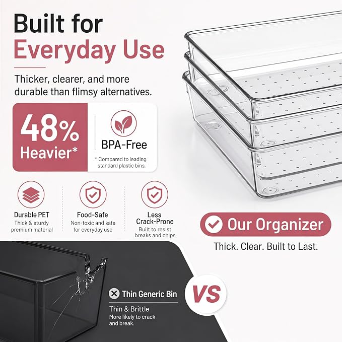 10 Pack Large Drawer Organizer Bins - Clear Plastic Bathroom Drawer Organizer Trays - Heavy Duty Kitchen Drawer Dividers for Utensils - Non-Slip Storage Bins for Makeup, Bedroom, Office Desk