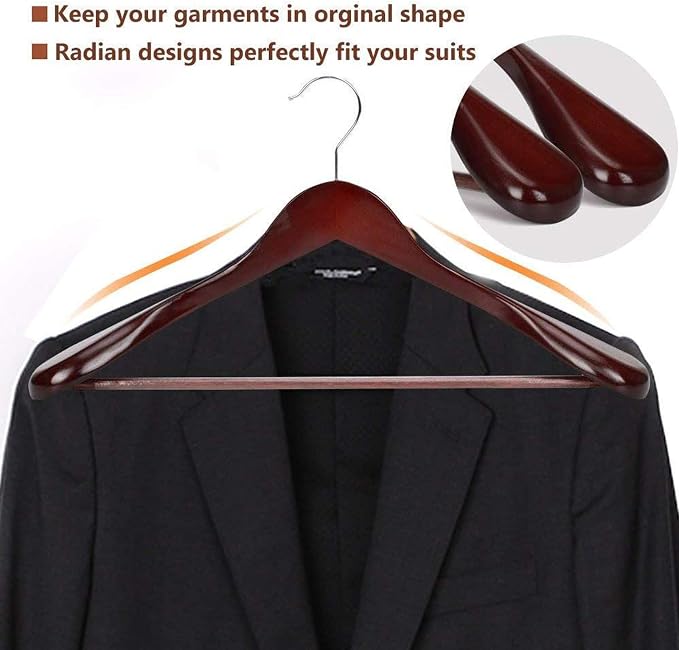 JS Hanger Wooden Extra-Wide Shoulder Suit Hangers for Coat and Pants, Walnut Finish, 6-Pack