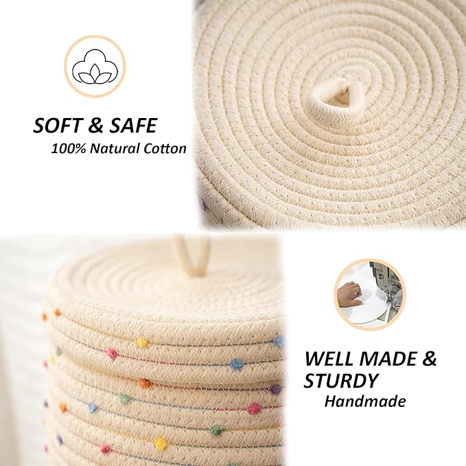 Esme L&H Round Storage Baskets with Lids,Small Storage Baskets Set of 2,Cotton Rope Woven Storage Basket,Small Decorative Basket, Colorful Rainbow Pompom, Cute Storage Bins, Box for storage