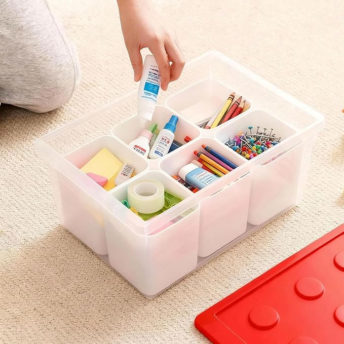 Plastic Storage Bins with Lids, Art Craft Supply Organizer Box with Brush Pot, Multipurpose Stackable Storage Containers for Organizing Tool, Craft, Crayon,Sewing (Red)