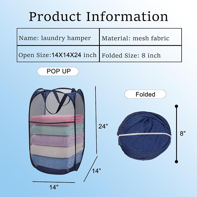 2 Pack Collapsible Pop Up Laundry Hamper, Large Capacity Mesh Laundry Basket Space Saving for Apartments, College Student Dorms, Apartment (Beige+Blue)