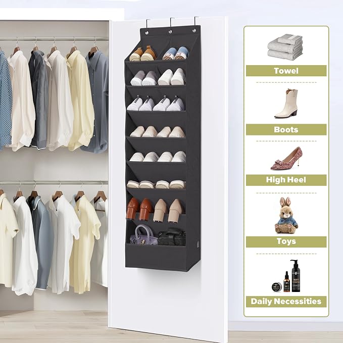 4 Pack Shoe Organizer with 6 Extra Large Pockets and 4 Large Pocket, Over the Door Sturdy Closet Storage Rack, Hanging Shoe Organizer for Shoes, Sneakers, Black