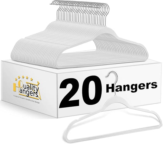 Quality Hangers 20 Pack Non-Velvet Plastic Hangers for Clothes - Heavy Duty Coat Hanger Set - Space-Saving Closet with Chrome Swivel Hook, Functional Non-Flocked Hangers - Cream White