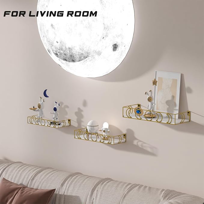Moon Phase Wall Shelves White Gold, 3 Pack Small Floating Book Plant Shelves for Bedroom Kid Room, Decorative Storage Display Shelf for Crystal Figurine Collectibles