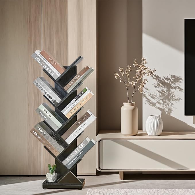 ruboka 9 Tier Tall Tree Bookshelf, Small Bookcase 11.8"*7.4"*38.4" (Black) | Retro Narrow Bookshelves for CDs/Magazines, Book Shelf for Bedroom, Living Room, Office, Balcony, Study Room