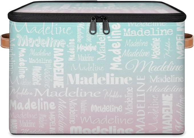 Custom Storage Basket with Name, Personalized Keepsake Box with Zipper Lid, Foldable Fabric Memory Bin Large capacity with Handle Green Pink