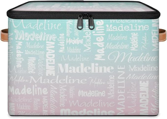 Custom Storage Basket with Name, Personalized Keepsake Box with Zipper Lid, Foldable Fabric Memory Bin Large capacity with Handle Green Pink