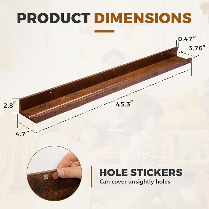 Muzilife 45.3" Large Floating Wall Ledge Shelves with Lip - Set of 2 Rustic Wood Floating Shelves - Walnut Brown Wall Mounted Picture Ledge for Office, Bathroom, Bedroom, Living Room, Kitchen