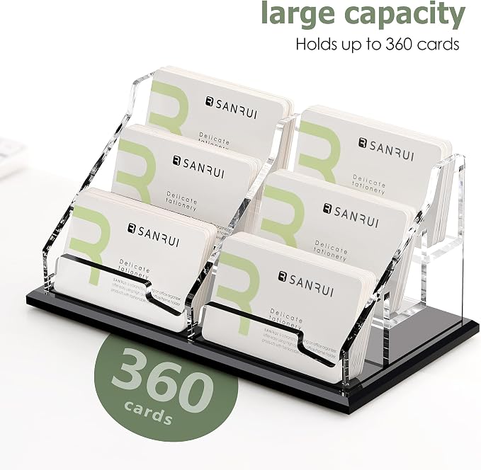 SANRUI Black Business Card Holder for Desk 6 Slot , Clear Acrylic Horizontal Name Card Stand for Women and Men, Desktop Organizer Display for Office Home Exhibition - 360 Card Capacity 1 Pack