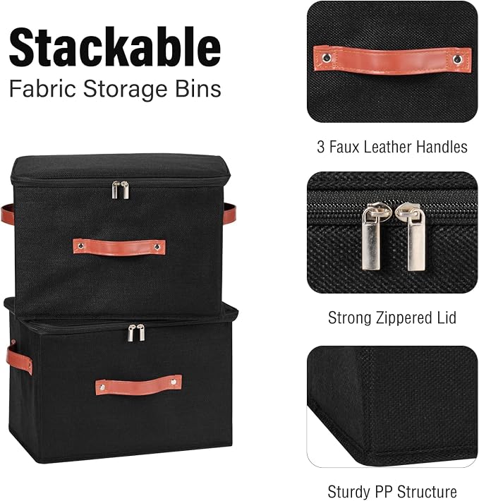 3PCS Storage Bins Boxes with Zippered Lids Cotton Linen Fabric Decorative Basket PU Leather Handles PP Plastic Board Foldable Lidded Clothing Shelf Closet Organizer Container (Black, Large)