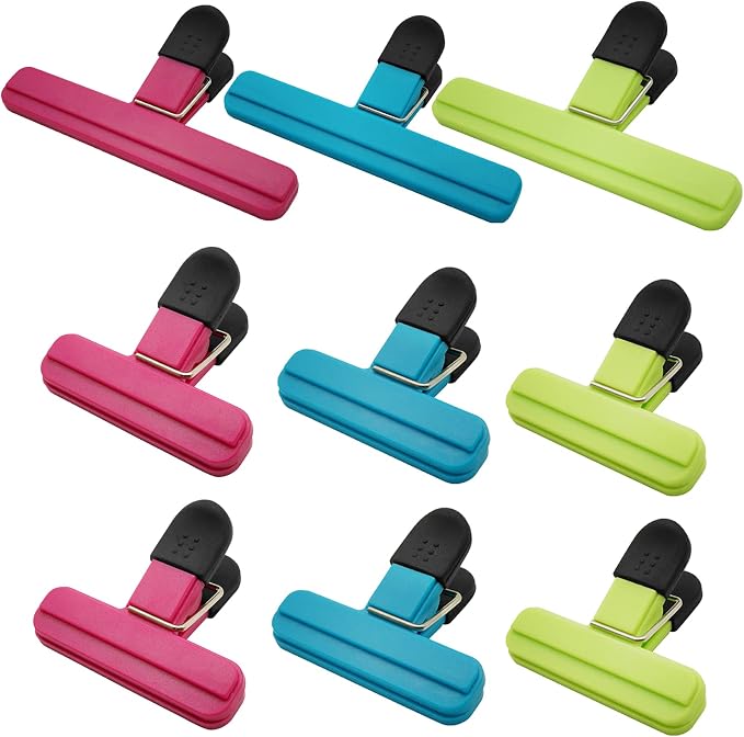 Chip Bag Clips 9pcs Air Tight, Heavy Duty, Sturdy Plastic Clips for Food Storage Assorted Sizes Food Bag Clamps for Kitchen Snacks