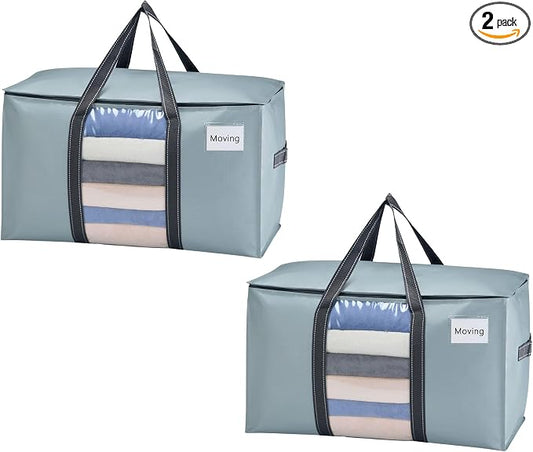 VENO 2 Pack Moving Bags with Clear Window, Heavy Duty Storage Bins with Lid, Around Handles, Tag, Zippers, Extra Large Totes Packing Moving Boxes Supplies for College Dorm Clothes (Light Blue)