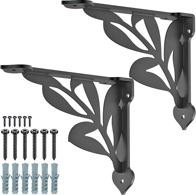 SELEWARE Heavy Duty Shelf Brackets 8 Inch, Branch Shelves Brackets, 300LB Capacity Decorative Metal L Brackets for Floating Shelves, Black Rustic Wall Mount Shelving Bracket with Screws, 2 Pack