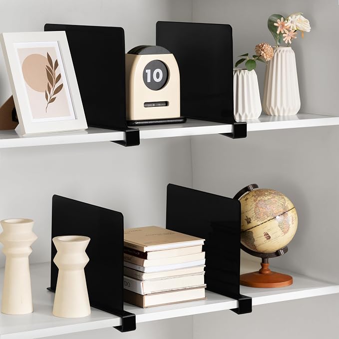 HBlife 6 Black Shelf Dividers, Vertical Purse Organizer for Closet Perfect for Sweater, Shirts, Handbags in Bedroom and Kitchen, Adjustable Acrylic Bookshelf for Organization