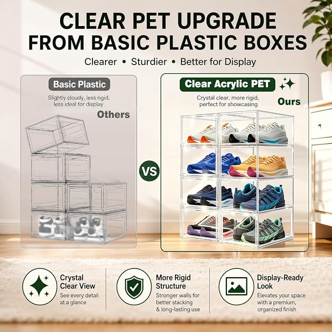 1 Pack Drop Front Clear Shoe Boxes Fit Size 13, Acrylic Shoe Organizer Stackable with Front Magnetic Door for Closet, Entryway, Underbed, Multiple Clear Display Cases for Hats, Figures, Sneakers