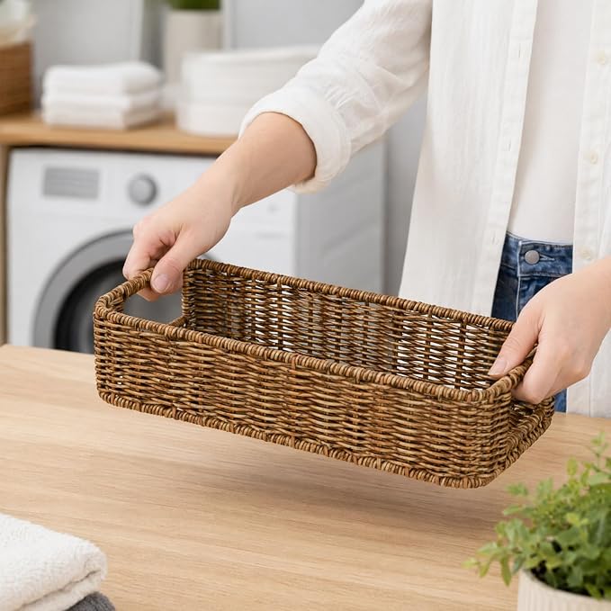 ZAVOOS 2 Pack Toilet Tank Basket with Handwoven Built-in Handle | Rectangular Wicker Shelf Baskets for Organizing, Countertop Storage Bin for Bathroom Tank Top, Bedroom Closet