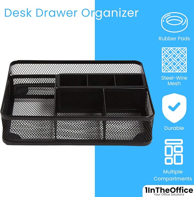 1InTheOffice Mesh Collection Desk Drawer Organizer Tray, Black, 7 Compartment