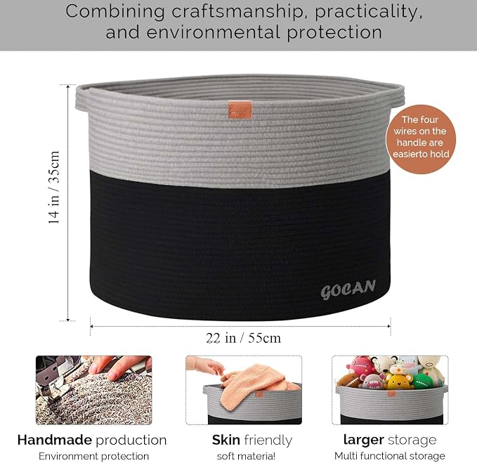 GOCAN Extra Large Storage Laundry Basket 22" X 22"X 14" Cotton Rope Woven Basket for Blanket Basket with Handles for Living Room Toys Storage XXXL