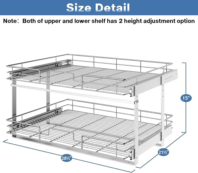 ROOMTEC Pull Out Cabinet Organizer (28½"W x 21½"D),2 Tier Pull Out Storage Shelf Drawer Basket,Sliding Shelves for Base Cabinet Organization in Kitchen, Bathroom, Pantry