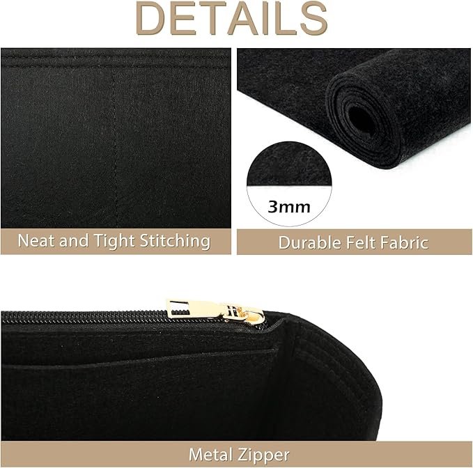 Surblue Purse Organizer Insert for Handbags, Felt Bag Organizer with Zippers Handbag Shaper Pouch for Classic 19 Flap Bag, Marmont, Onthego,（Black, Slender L）